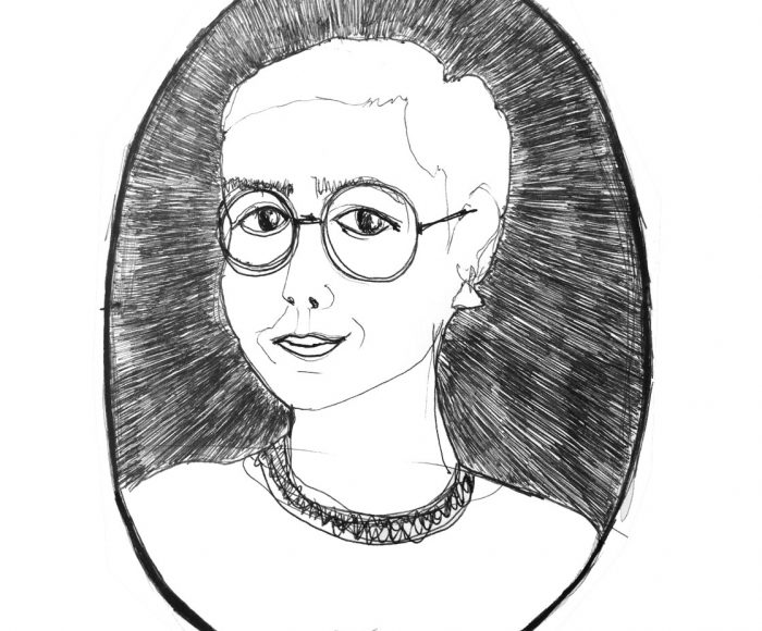 A black and white line drawing illustred self-portrait by Elvia Vasconcelos