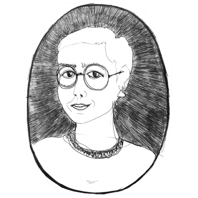 A black and white line drawing illustred self-portrait by Elvia Vasconcelos