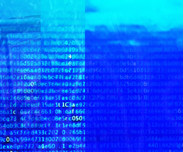 Blue background with painterly effect overlaid with random letters and numbers